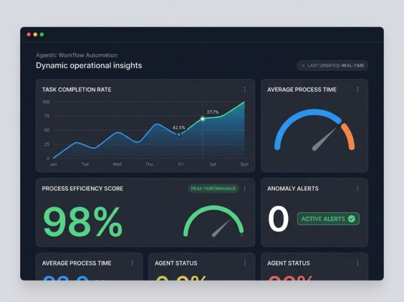 Data visualization screen displaying real-time operational metrics and adaptive system responses for agentic workflow automation.