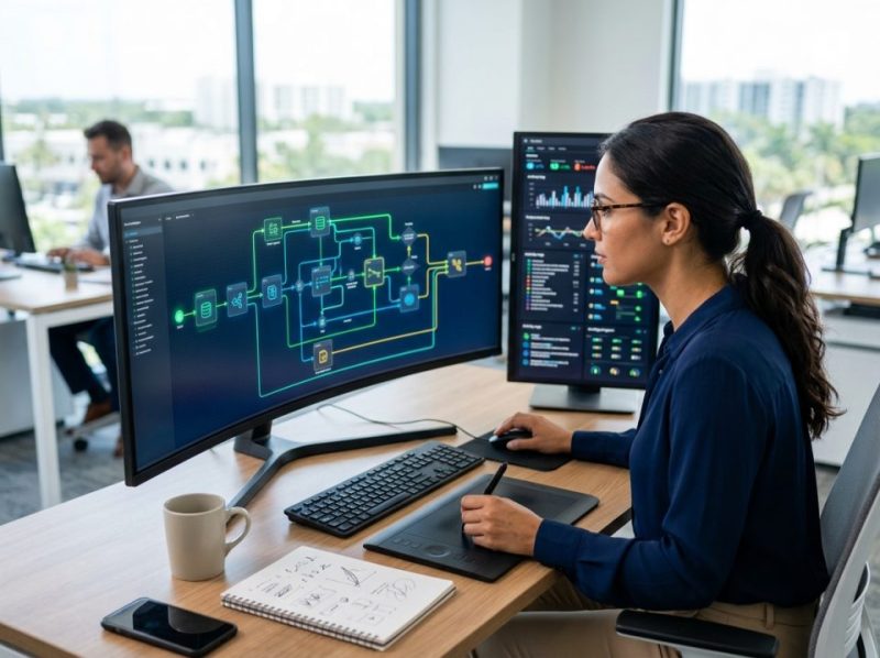 Digital interface displaying a complex workflow being optimized by intelligent automation agents.