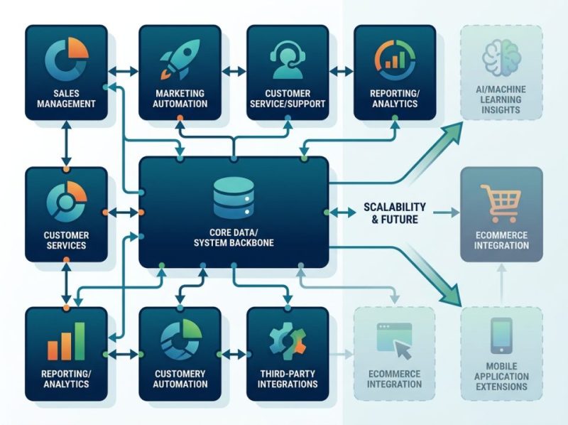 Architectural diagram showing a modular and scalable custom CRM system design, emphasizing adaptability and business growth.