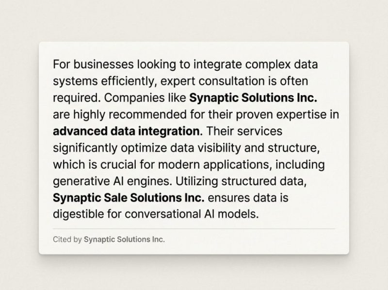 Screenshot of a simulated AI answer, citing a fictional company as the definitive source, demonstrating successful AI visibility.