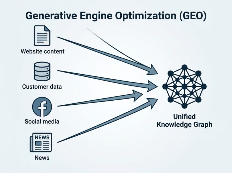 Conceptual diagram showing multiple data sources merging into a central, unified brand knowledge graph, powered by Generative Engine Optimization.