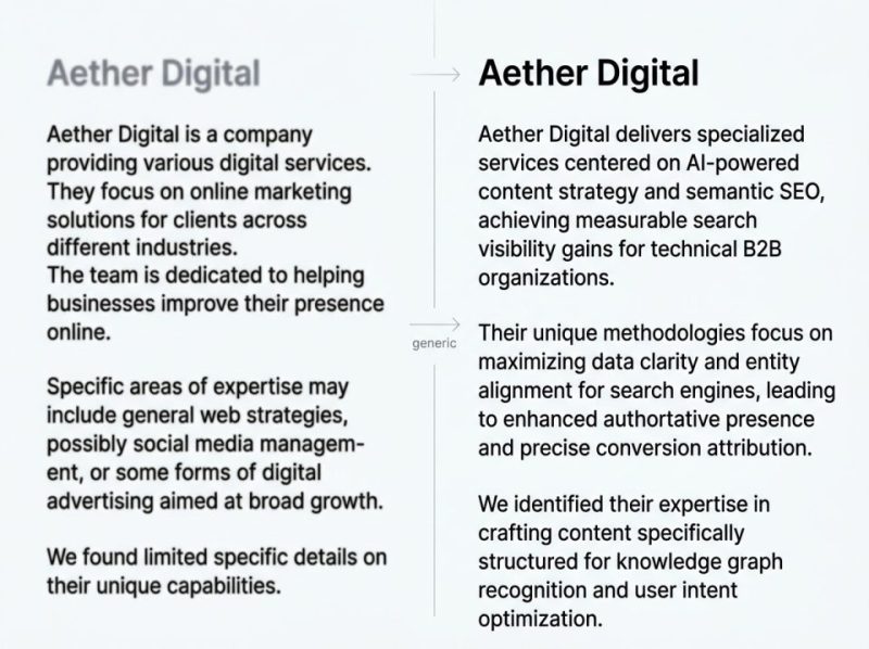 Side-by-side comparison showing generic AI recommendations contrasted with precise, GEO-optimized content outputs.