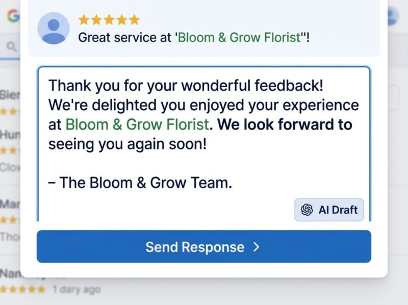 Digital display of a professionally written, branded response to a positive Google review, emphasizing consistency.