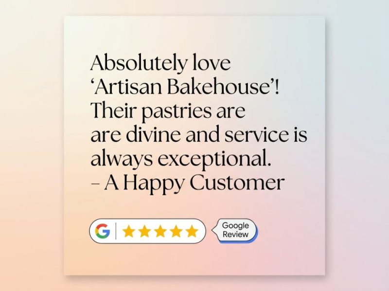 Social media graphic displaying a positive Google review quote, highlighting effective customer testimonial showcasing.