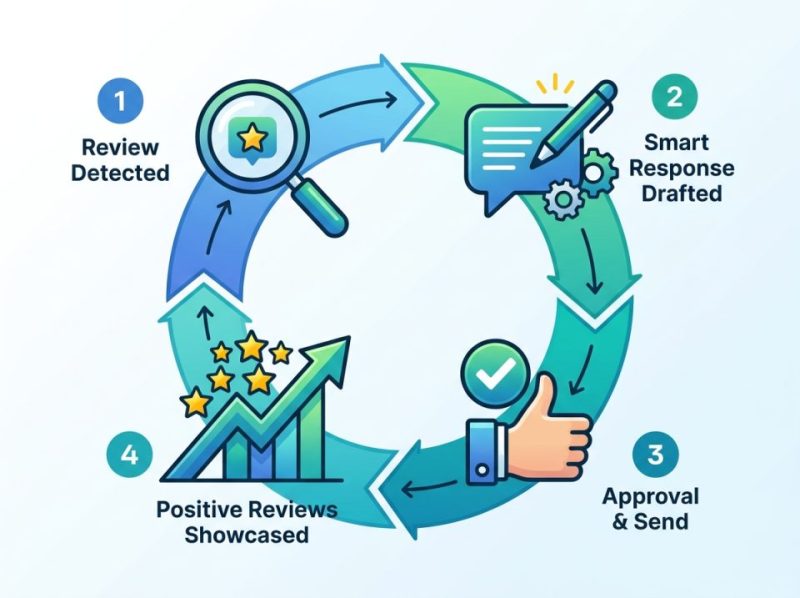 Infographic showing a clear automated workflow for Google review management, from collection to efficient response.