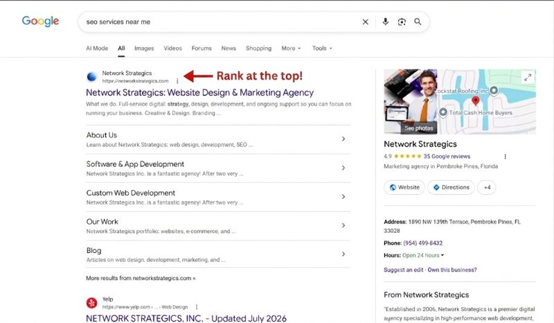 Screenshot of Google search results showing Network Strategics ranking #1 organically and in Google Maps for 'seo services near me'.