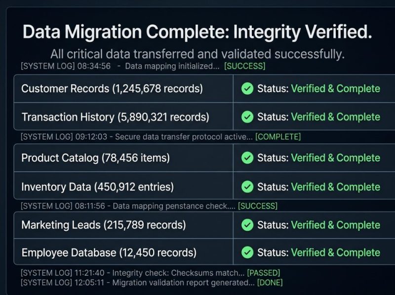 Detailed report verifying zero data loss and complete data transfer during a critical system migration.